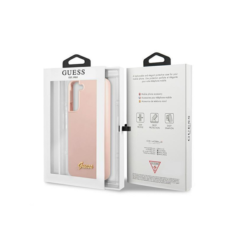 Guess Silicone Script Metal Logo dėklas, skirtas Samsung Galaxy S22+ - rožinis