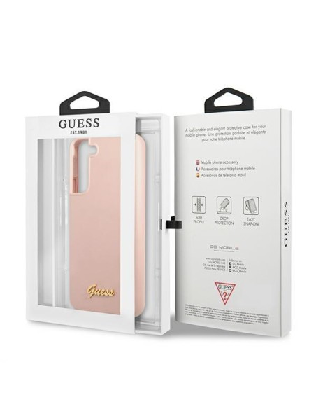 Guess Silicone Script Metal Logo dėklas, skirtas Samsung Galaxy S22+ - rožinis