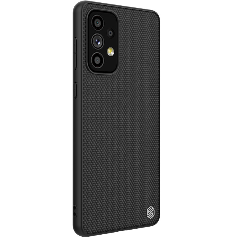 Nillkin Textured Case tvirtas sustiprintas dėklas su gelio rėmeliu ir nailonine nugara, skirta Samsung Galaxy A73 juodai