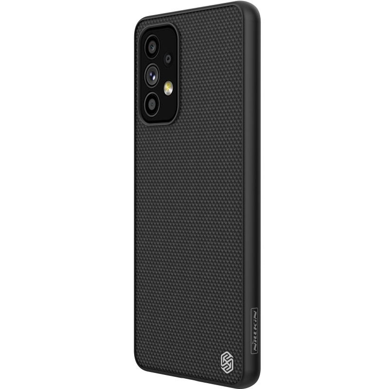 Nillkin Textured Case tvirtas sustiprintas dėklas su gelio rėmeliu ir nailonine nugara, skirta Samsung Galaxy A73 juodai