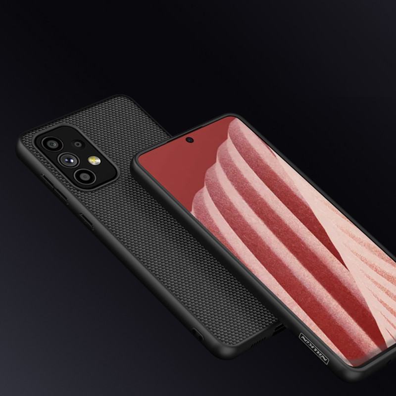 Nillkin Textured Case tvirtas sustiprintas dėklas su gelio rėmeliu ir nailonine nugara, skirta Samsung Galaxy A73 juodai