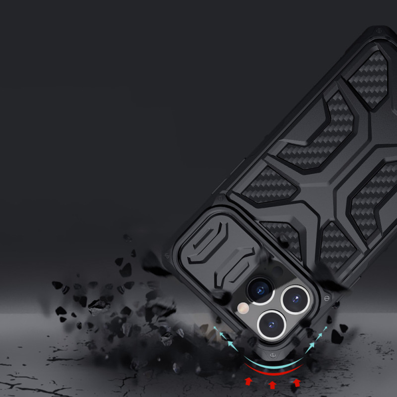 Nillkin Adventurer Case dėklas skirtas iPhone 13 Pro, šarvuotas dangtelis su fotoaparato dangteliu, juodas