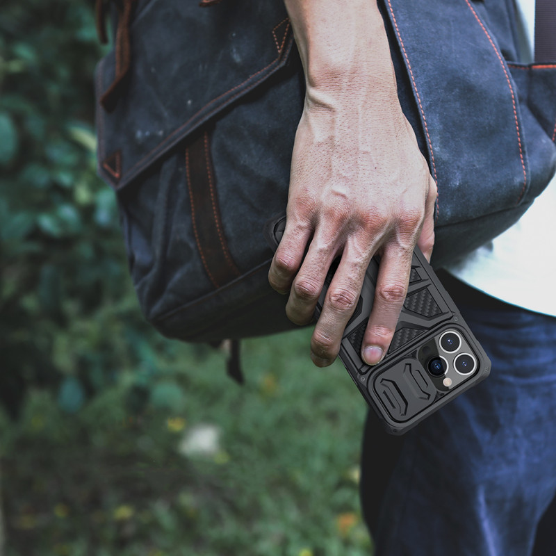 Nillkin Adventurer Case dėklas skirtas iPhone 13 Pro, šarvuotas dangtelis su fotoaparato dangteliu, juodas
