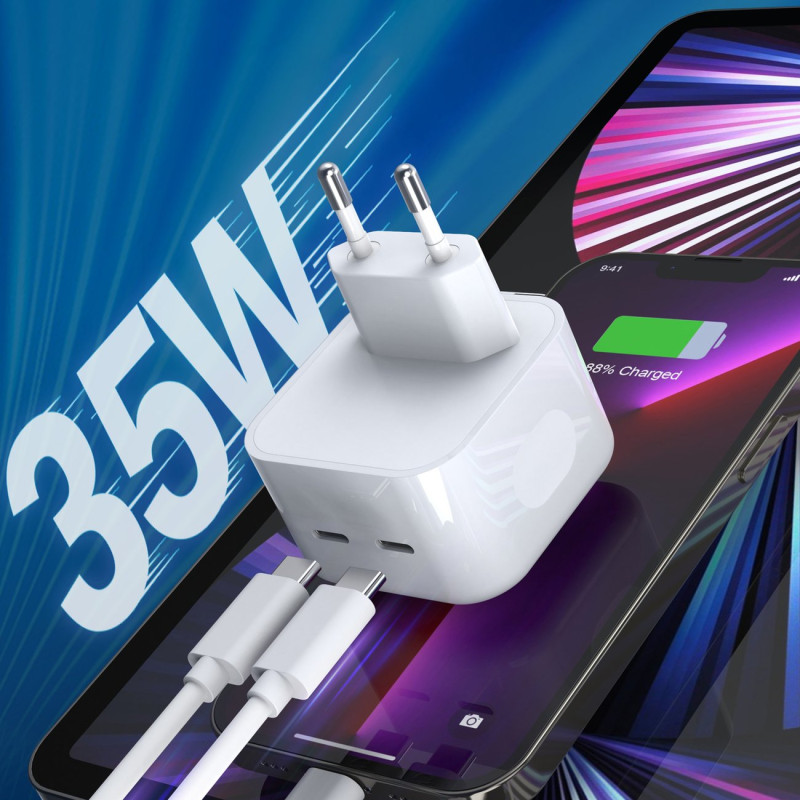 Sieninis įkroviklis 35W 2xUSB-C PD baltas