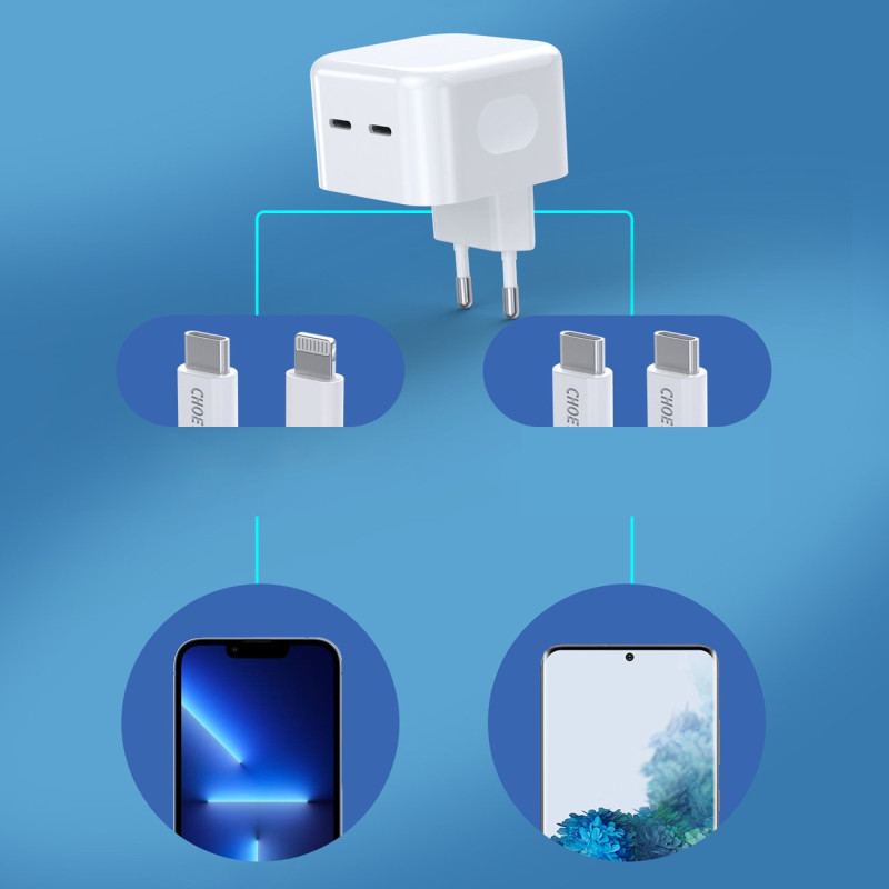 Sieninis įkroviklis 35W 2xUSB-C PD baltas