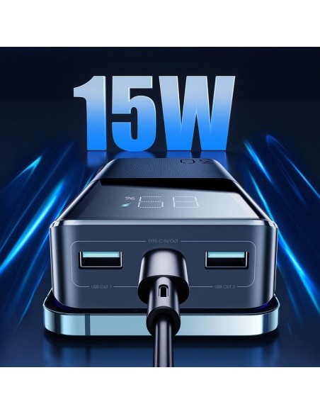 Powerbank 30000mAh 15W kabelis USB-C kabelis juodas