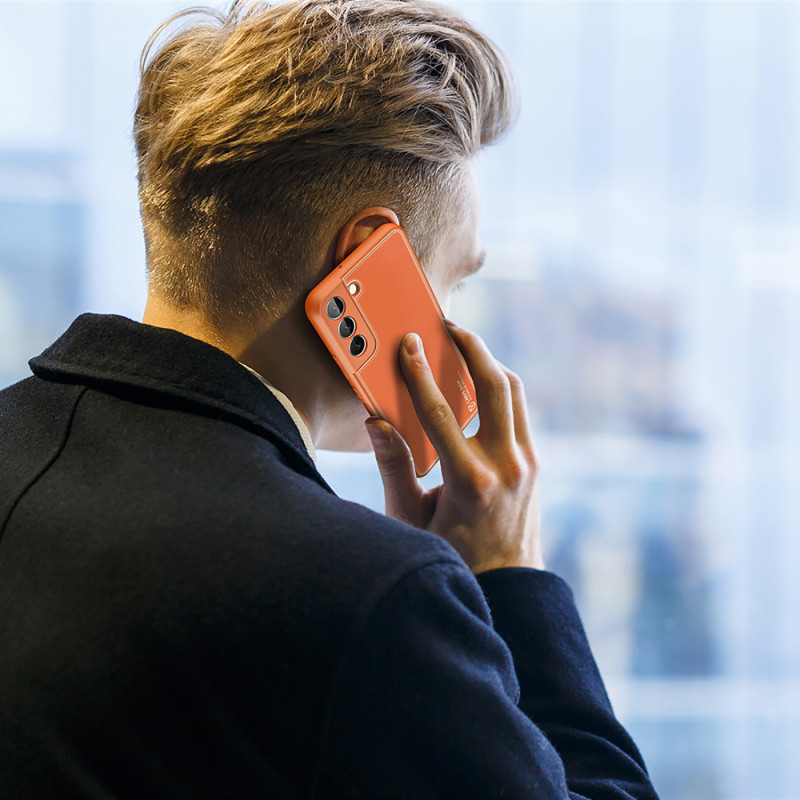 Dux Ducis Yolo elegantiškas dėklo dangtelis pagamintas iš ekologiškos odos, skirtas Samsung Galaxy S22+ (S22 Plus) oranž...