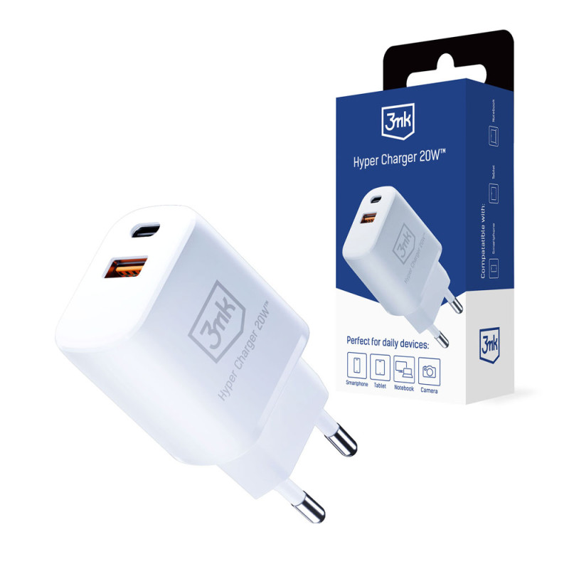 3mk Hyper Charger 20W USB-C USB-A sieninis įkroviklis – baltas
