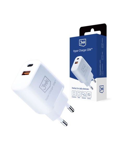 3mk Hyper Charger 20W USB-C USB-A sieninis įkroviklis – baltas 3mk Hyper Charger 20W USB-C USB-A sieninis įkroviklis – baltas