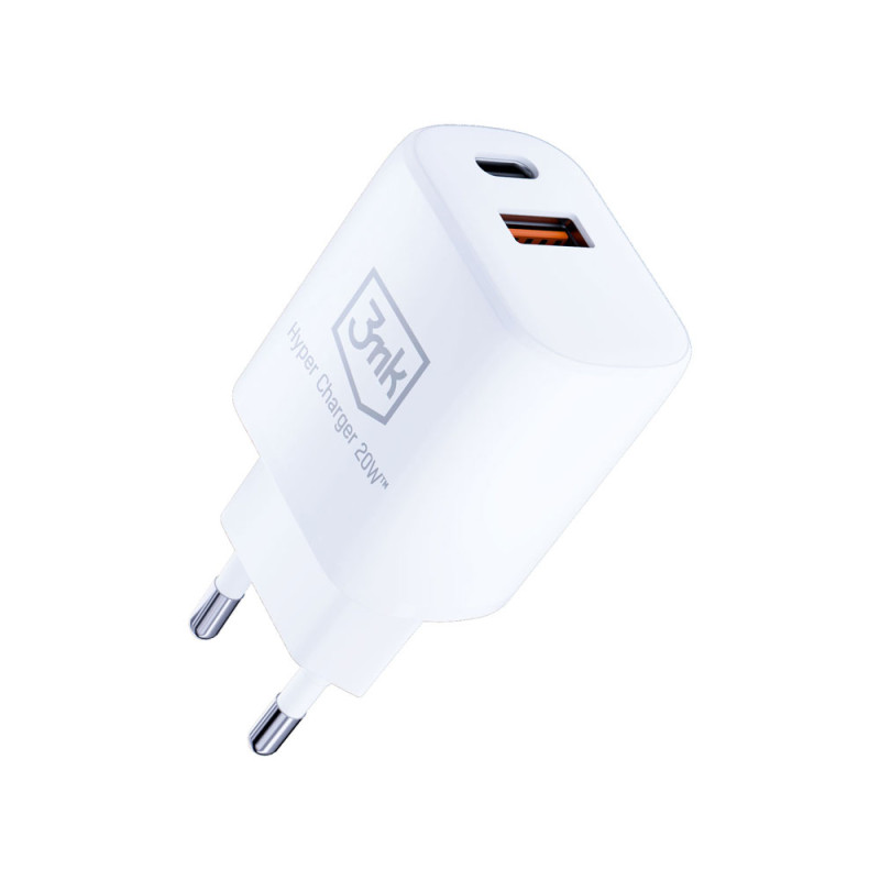 3mk Hyper Charger 20W USB-C USB-A sieninis įkroviklis – baltas