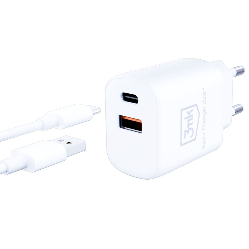 3mk Hyper Charger 20W USB-C USB-A sieninis įkroviklis – baltas