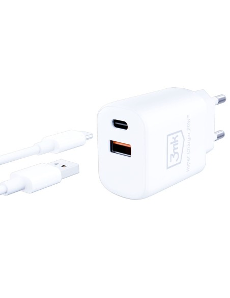 3mk Hyper Charger 20W USB-C USB-A sieninis įkroviklis – baltas 3mk Hyper Charger 20W USB-C USB-A sieninis įkroviklis – baltas