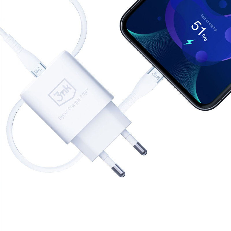 3mk Hyper Charger 20W USB-C USB-A sieninis įkroviklis – baltas