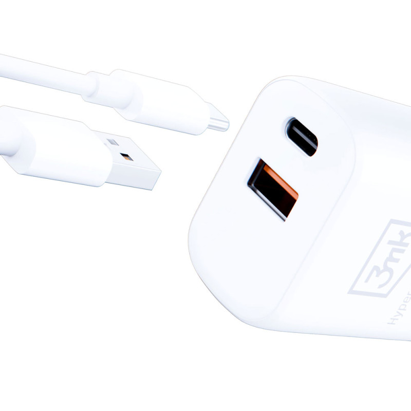 3mk Hyper Charger 20W USB-C USB-A sieninis įkroviklis – baltas