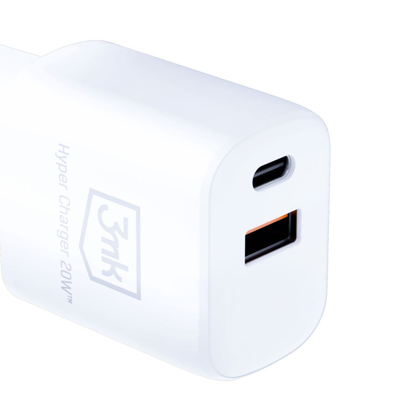 3mk Hyper Charger 20W USB-C USB-A sieninis įkroviklis – baltas