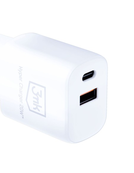 3mk Hyper Charger 20W USB-C USB-A sieninis įkroviklis – baltas 3mk Hyper Charger 20W USB-C USB-A sieninis įkroviklis – baltas