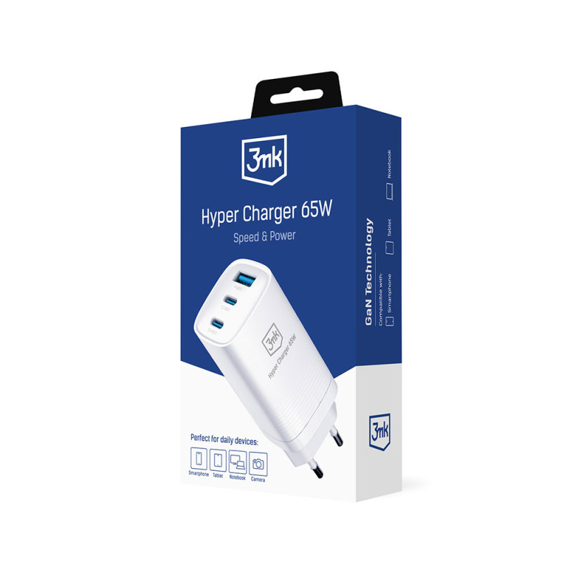 3mk Hyper Charger 65W sieninis įkroviklis 2x USB-C 2x USB-A - balta