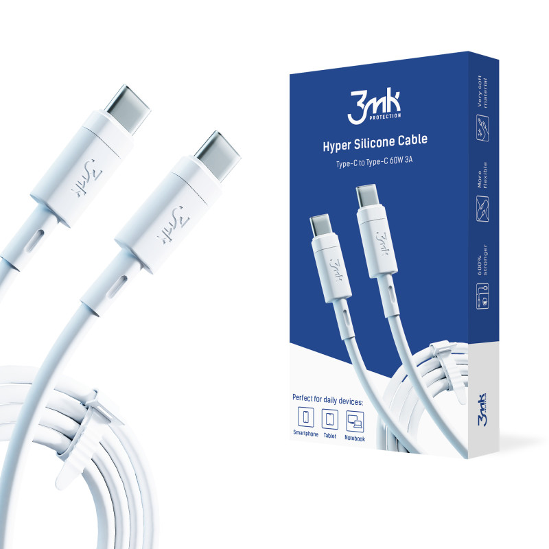 3mk Hyper Silicone Cable USB-C / USB-C 60W 3A - baltas