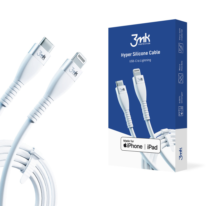 3mk Hyper Silicone Cable USB-C / Lightning 20W 3A - baltas