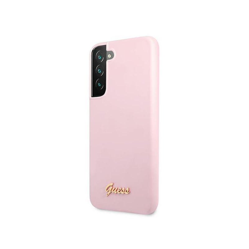 Guess Silicone Script metalo logotipo dėklas, skirtas Samsung Galaxy S22+ - levanda