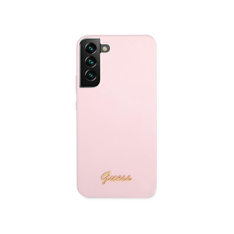 Guess Silicone Script metalo logotipo dėklas, skirtas Samsung Galaxy S22+ - levanda