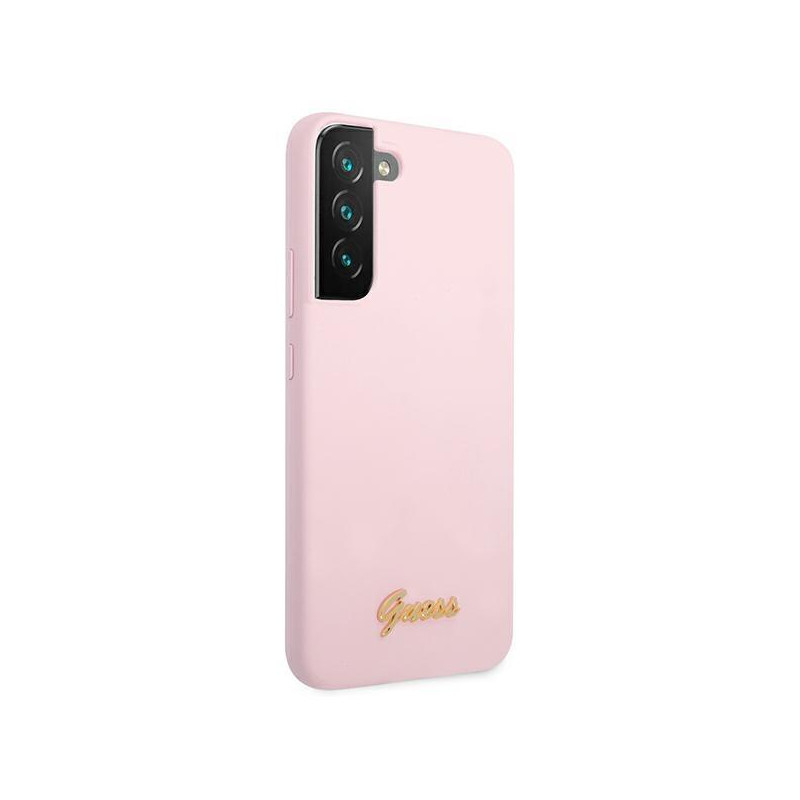 Guess Silicone Script metalo logotipo dėklas, skirtas Samsung Galaxy S22+ - levanda