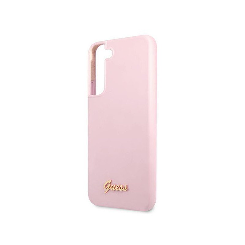 Guess Silicone Script metalo logotipo dėklas, skirtas Samsung Galaxy S22+ - levanda