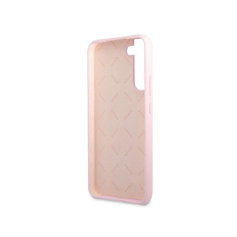 Guess Silicone Script metalo logotipo dėklas, skirtas Samsung Galaxy S22+ - levanda