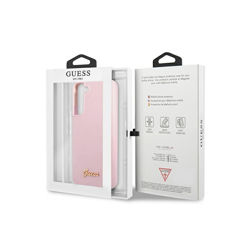 Guess Silicone Script metalo logotipo dėklas, skirtas Samsung Galaxy S22+ - levanda