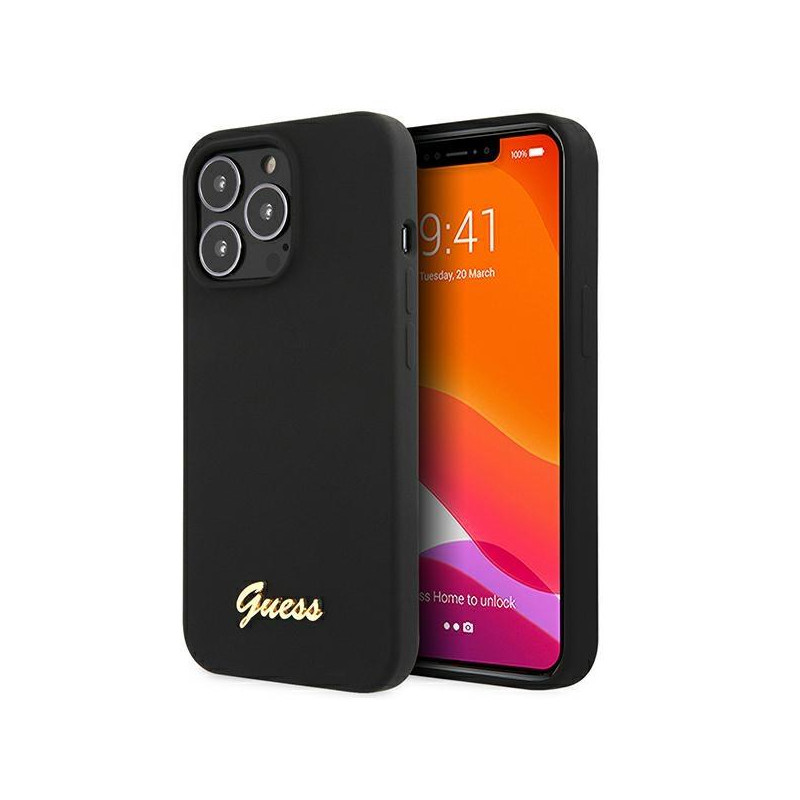 Guess Silicone Script Gold Logo MagSafe dėklas, skirtas iPhone 13 Pro / iPhone 13 - juodas