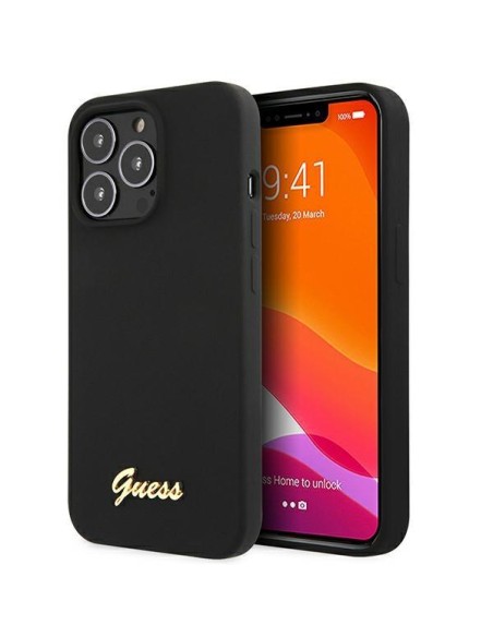 Guess Silicone Script Gold Logo MagSafe dėklas, skirtas iPhone 13 Pro / iPhone 13 - juodas Guess Silicone Script Gold Logo MagSafe dėklas, skirtas iPhone 13 Pro / iPhone 13 - juodas