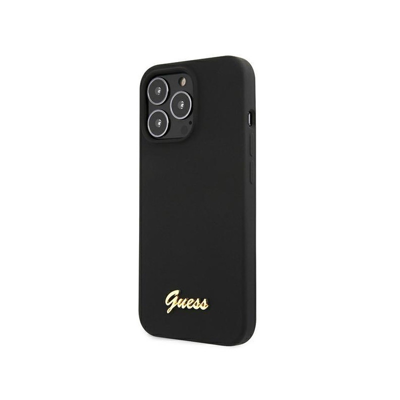 Guess Silicone Script Gold Logo MagSafe dėklas, skirtas iPhone 13 Pro / iPhone 13 - juodas