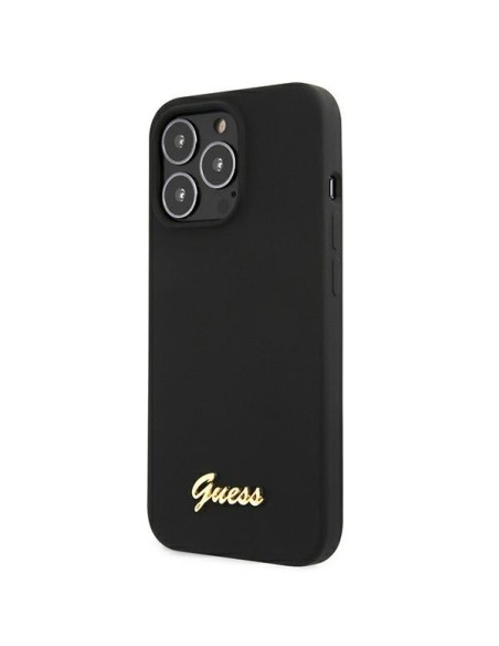 Guess Silicone Script Gold Logo MagSafe dėklas, skirtas iPhone 13 Pro / iPhone 13 - juodas Guess Silicone Script Gold Logo MagSafe dėklas, skirtas iPhone 13 Pro / iPhone 13 - juodas