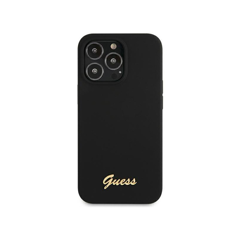 Guess Silicone Script Gold Logo MagSafe dėklas, skirtas iPhone 13 Pro / iPhone 13 - juodas