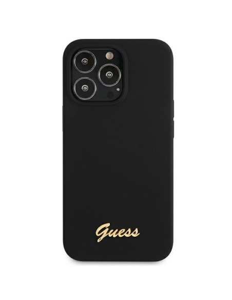 Guess Silicone Script Gold Logo MagSafe dėklas, skirtas iPhone 13 Pro / iPhone 13 - juodas Guess Silicone Script Gold Logo MagSafe dėklas, skirtas iPhone 13 Pro / iPhone 13 - juodas