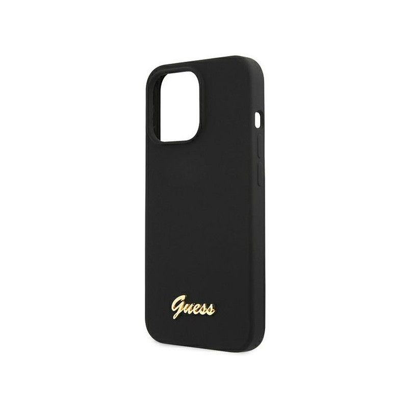 Guess Silicone Script Gold Logo MagSafe dėklas, skirtas iPhone 13 Pro / iPhone 13 - juodas