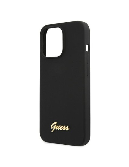Guess Silicone Script Gold Logo MagSafe dėklas, skirtas iPhone 13 Pro / iPhone 13 - juodas Guess Silicone Script Gold Logo MagSafe dėklas, skirtas iPhone 13 Pro / iPhone 13 - juodas