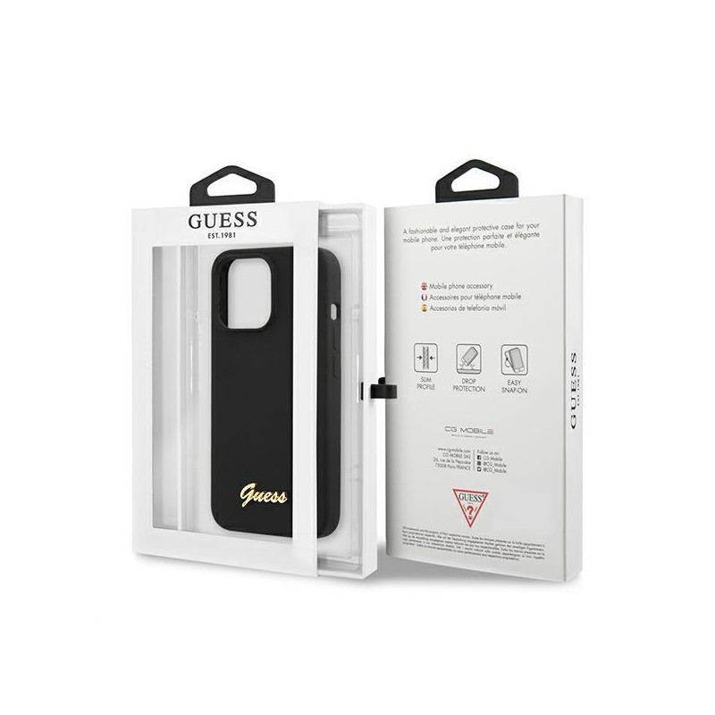 Guess Silicone Script Gold Logo MagSafe dėklas, skirtas iPhone 13 Pro / iPhone 13 - juodas