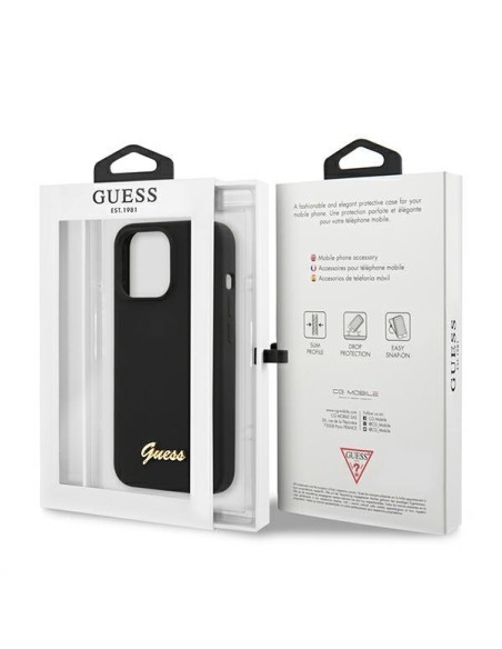 Guess Silicone Script Gold Logo MagSafe dėklas, skirtas iPhone 13 Pro / iPhone 13 - juodas Guess Silicone Script Gold Logo MagSafe dėklas, skirtas iPhone 13 Pro / iPhone 13 - juodas