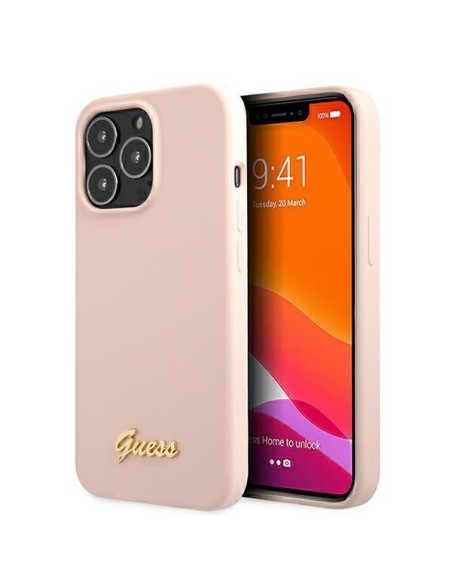 Guess Silicone Script Gold Logo MagSafe dėklas, skirtas iPhone 13 Pro / iPhone 13 - šviesiai rožinis Guess Silicone Script Gold Logo MagSafe dėklas, skirtas iPhone 13 Pro / iPhone 13 - šviesiai rožinis