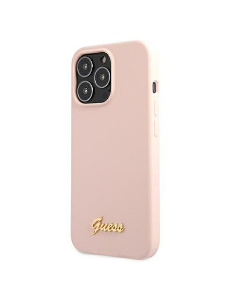 Guess Silicone Script Gold Logo MagSafe dėklas, skirtas iPhone 13 Pro / iPhone 13 - šviesiai rožinis Guess Silicone Script Gold Logo MagSafe dėklas, skirtas iPhone 13 Pro / iPhone 13 - šviesiai rožinis