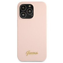 Guess Silicone Script Gold Logo MagSafe dėklas, skirtas iPhone 13 Pro / iPhone 13 - šviesiai rožinis