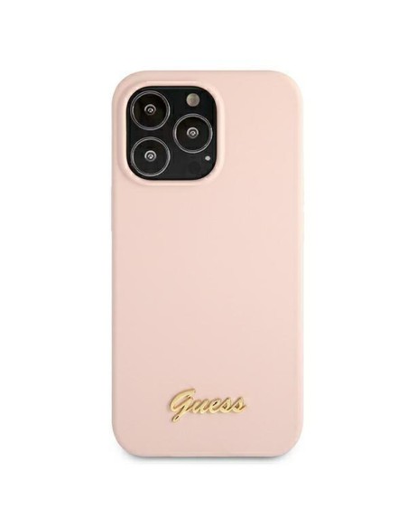 Guess Silicone Script Gold Logo MagSafe dėklas, skirtas iPhone 13 Pro / iPhone 13 - šviesiai rožinis Guess Silicone Script Gold Logo MagSafe dėklas, skirtas iPhone 13 Pro / iPhone 13 - šviesiai rožinis