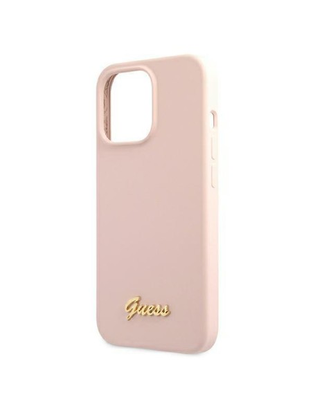 Guess Silicone Script Gold Logo MagSafe dėklas, skirtas iPhone 13 Pro / iPhone 13 - šviesiai rožinis Guess Silicone Script Gold Logo MagSafe dėklas, skirtas iPhone 13 Pro / iPhone 13 - šviesiai rožinis
