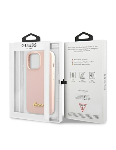 Guess Silicone Script Gold Logo MagSafe dėklas, skirtas iPhone 13 Pro / iPhone 13 - šviesiai rožinis Guess Silicone Script Gold Logo MagSafe dėklas, skirtas iPhone 13 Pro / iPhone 13 - šviesiai rožinis
