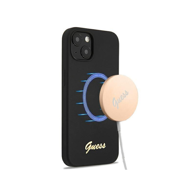 Guess Silicone Script Gold Logo MagSafe dėklas iPhone 13 - juodas