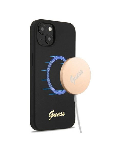 Guess Silicone Script Gold Logo MagSafe dėklas iPhone 13 - juodas Guess Silicone Script Gold Logo MagSafe dėklas iPhone 13 - juodas