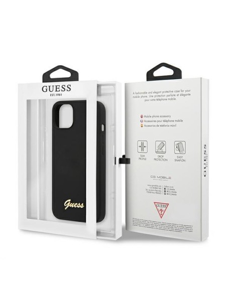 Guess Silicone Script Gold Logo MagSafe dėklas iPhone 13 - juodas Guess Silicone Script Gold Logo MagSafe dėklas iPhone 13 - juodas