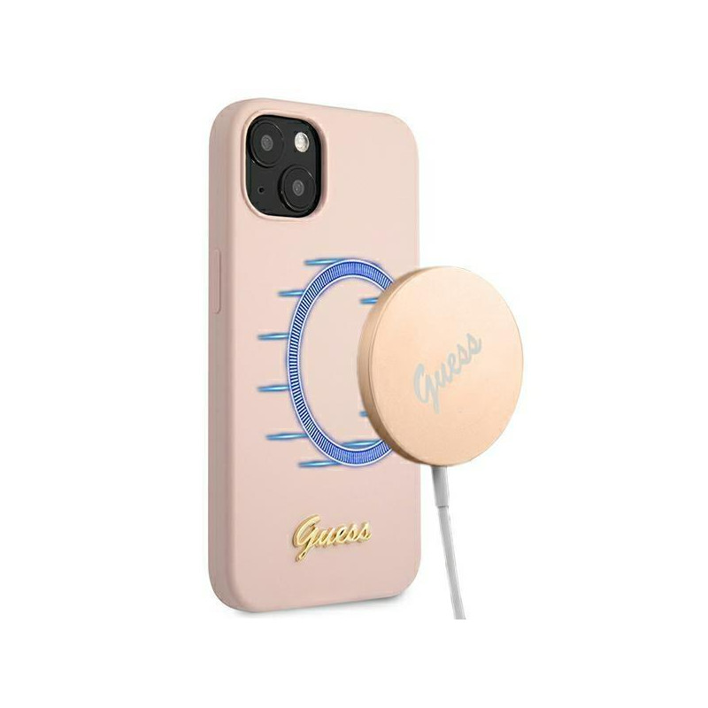 Guess Silicone Script Gold Logo MagSafe dėklas iPhone 13 - šviesiai rožinis Guess Silicone Script Gold Logo MagSafe dėklas iPhone 13 - šviesiai rožinis