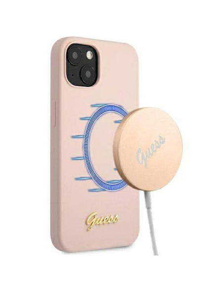 Guess Silicone Script Gold Logo MagSafe dėklas iPhone 13 - šviesiai rožinis Guess Silicone Script Gold Logo MagSafe dėklas iPhone 13 - šviesiai rožinis